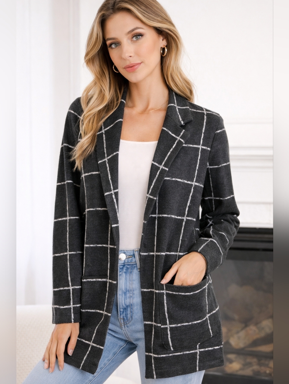 Love & Liberty Grid Coat Small Black White Windowpane Long Blazer Jacket